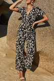 RomiLdi Elegant Print Patchwork Strap Design V Neck Straight Jumpsuits