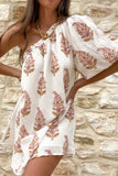 rRomildi Sexy Vacation Print Fold Oblique Collar A Line Dresses