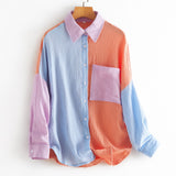 rRomildi Women's Blouses Color Patchwork Casual V-Neck Long Sleeve Button Blouse