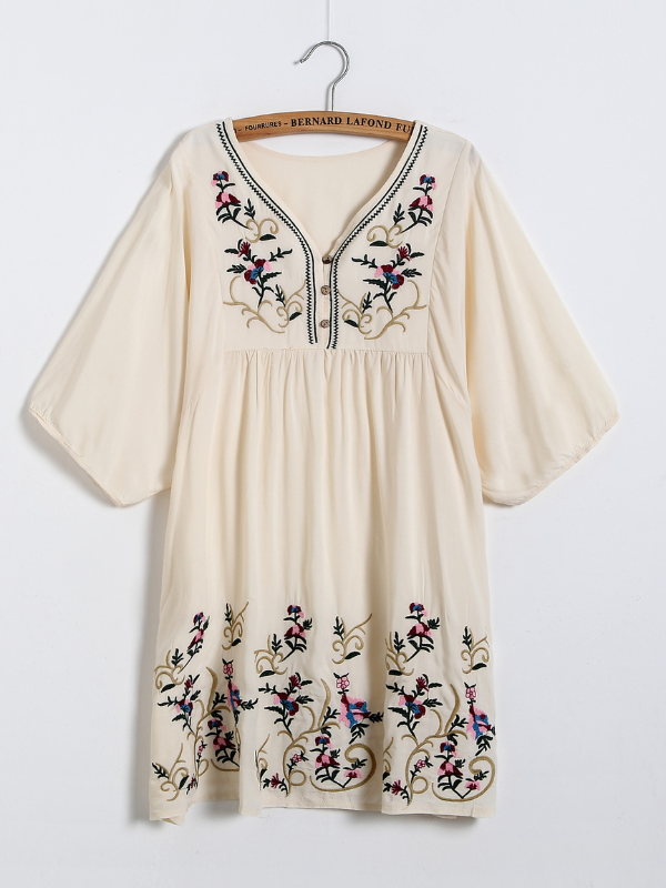 rRomildi Women's Vintage Tribal Embroidery Floral Dress V-Neck Retro Summer Vacation Boho Dress