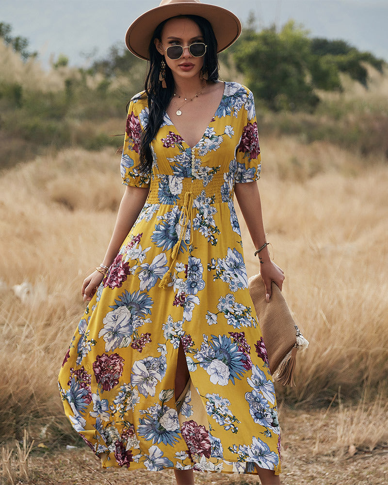 RomiLdi Women's Bohemian Dress Floral Print V-Neck High Waist Summer Dress