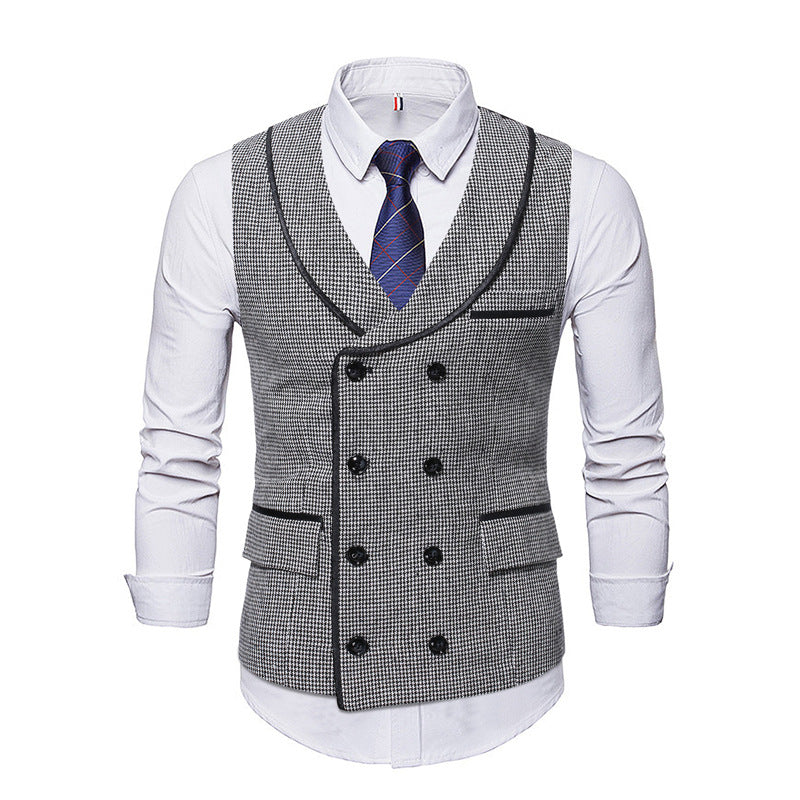 RomiLdi Houndstooth V-Collar Trimmed Double Breasted Men's Casual British Style Vest