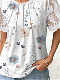 rRomildi Round Neck Casual Loose Floral Print Lace Short Sleeve T-Shirt
