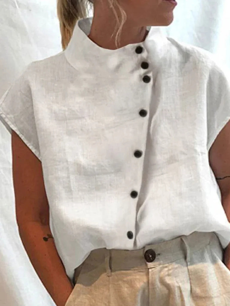 rRomildi Women's Cotton Linen Shirt Stander Collar Button Design Linen Blouse