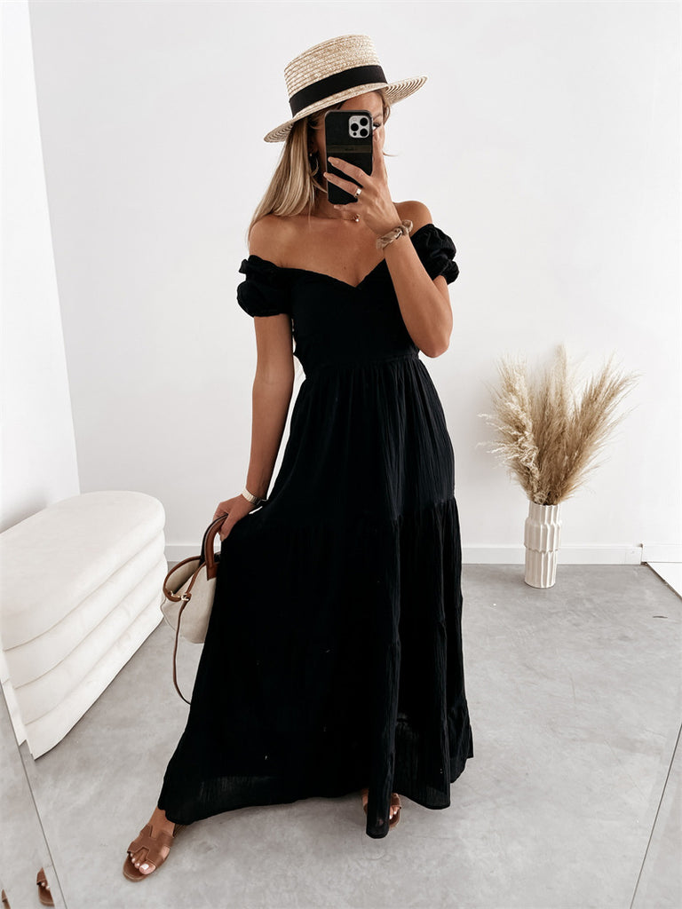 RomiLdi V Neck Puff Sleeve Backless Maxi Dress Holiday Casual Dress