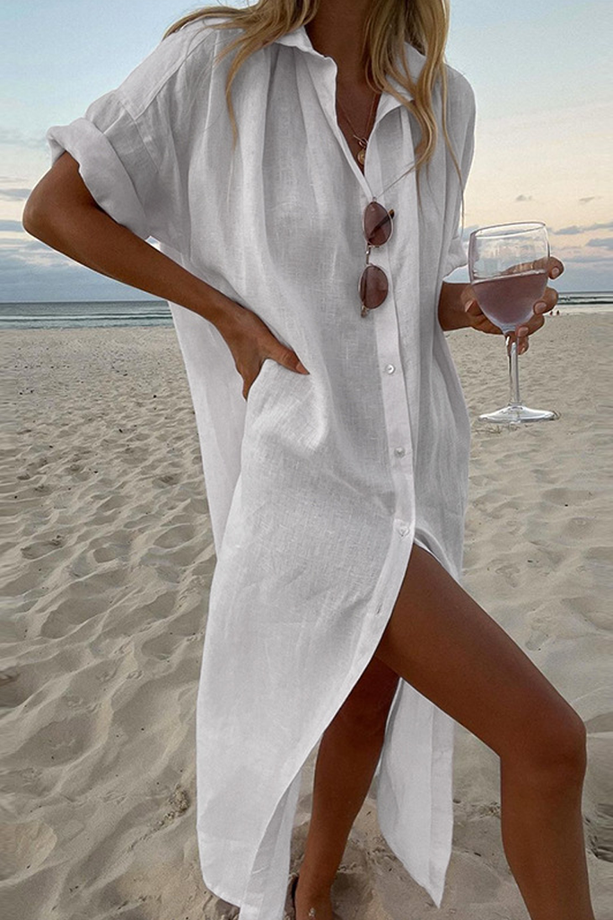 rRomildi Women's Cotton Linen Shirt Dress Beach Holiday Casual Shirt Collar Dress