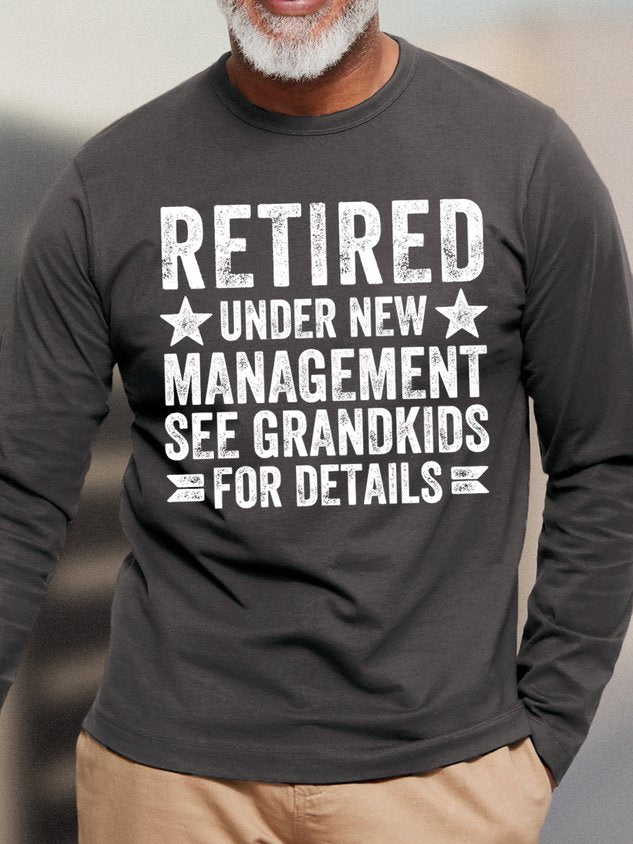 RomiLdi Men's Retired Under New Management See Grandkids For Details Funny Graphic Print Crew Neck Text Letters Casual Cotton Top
