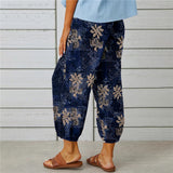 rRomildi Women's Vintage Retro Blue Leaf Floral Print Loose Cotton Linen Pant
