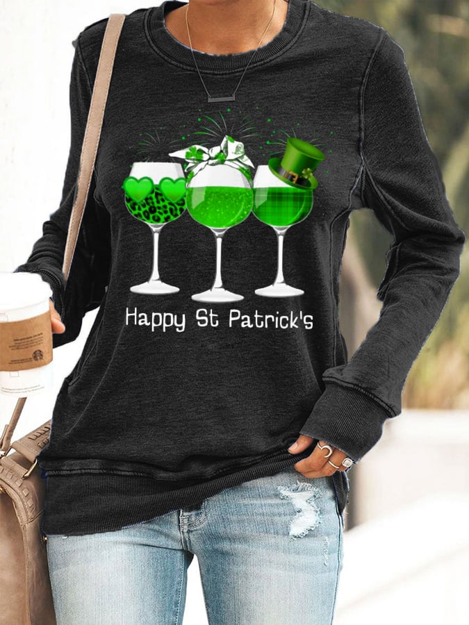 RomiLdi Women's Three Wine Glass St Patrick's Day Shamrock Print Casual Sweatshirt