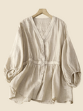 rRomildi Women's Cotton Linen Shirt V-Neck High Waist Half Sleeve Soft Linen Shirt Blouse