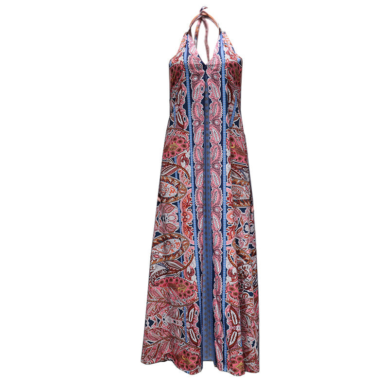 RomiLdi Women's Bohemian Dress Floral Printed Halterneck V-neck Boho Maxi Backless Beach Dress