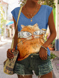 rRomildi Women's Cat Lover Cap Shirt, The Coffee Cat With Fish Cover The  Eyes Cap Shirt V Neck Short Sleeve T Shirt