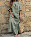 rRomildi Women's Cotton Linen Dress Striped Front Pocket Long Maxi Dress