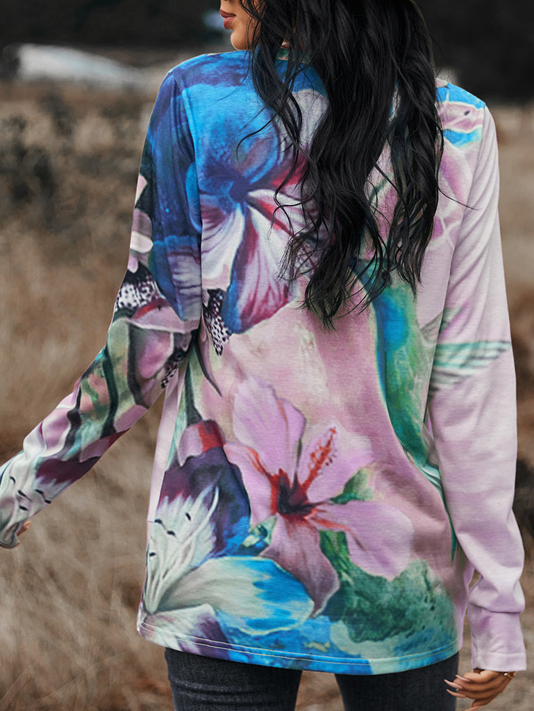 RomiLdi Women's T-Shirt Artist Abstract Print Long Sleeve Design Hem Crew-Neck Tee