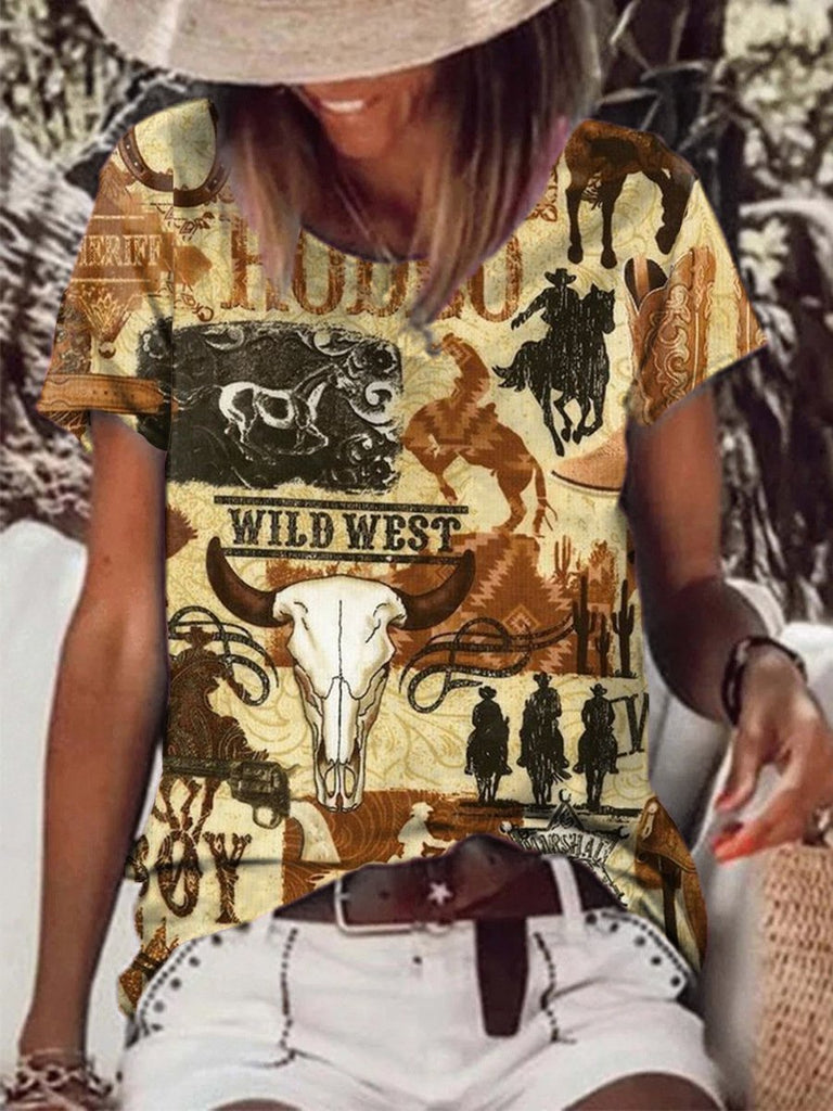 rRomildi Women's Vintage Western Pattern Print T-Shirt