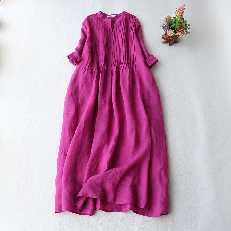 rRomildi Women's Cotton Linen Dress Pleated V-Neck Mid Sleeve Soft Linen Midi Dress