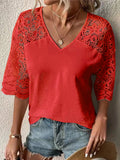 rRomildi Women's Lace Shirt V-Neck Lace Sleeve Casual T-Shirts
