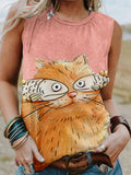 rRomildi Women's Cat Lover Vest Shirt, The Coffee Cat With Fish Cover The  Eyes Sleeveless Shirt