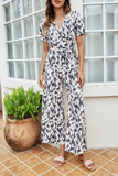 RomiLdi Elegant Print Patchwork Strap Design V Neck Straight Jumpsuits