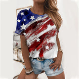 rRomildi Women's Flag Top American Flag Print Short Sleeve Crew-Neck T-Shirt