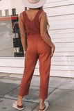 rRomildi Casual Solid Pocket Buttons V Neck Loose Jumpsuits