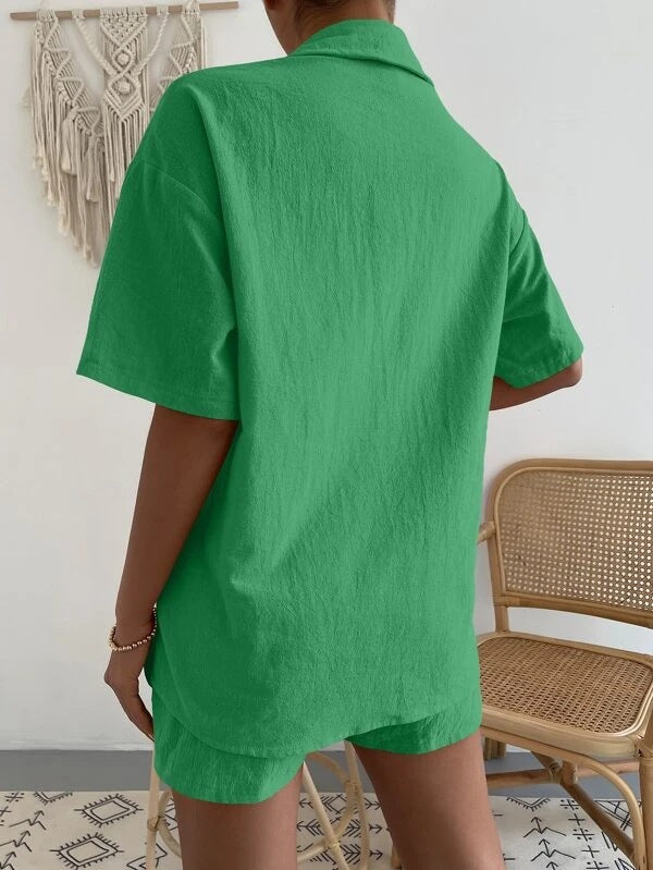 rRomildi Women's Solid Set Loose Lapel Shirt Top and Short Pant Casual 2Piece Summer Set