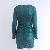 Plunging Neck Sequin Insert Ruched Metallic Bodycon Dress Evening Party  Dress Club Mini Dress V-neck Wrap Hip Dress