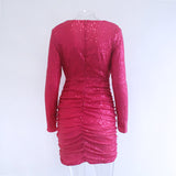 Plunging Neck Sequin Insert Ruched Metallic Bodycon Dress Evening Party  Dress Club Mini Dress V-neck Wrap Hip Dress