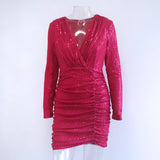 Plunging Neck Sequin Insert Ruched Metallic Bodycon Dress Evening Party  Dress Club Mini Dress V-neck Wrap Hip Dress