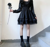 Japanese Lolita Style Women Princess Black Mini Dress Slash Neck High Waist Gothic Dress Puff Sleeve Lace Ruffles Party Dresses