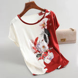 Fashion Floral Print Blouse Pullover Ladies Silk Satin Blouses Plus Size Batwing Sleeve Vintage Print Casual Short Sleeve Tops