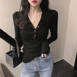 Blouse Women Cotton V-neck Long Sleeve Shirts Fall Women's Clothing Slim Fit Top Blusas Ropa De Mujer