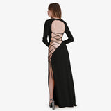 Bandage Long Sleeve Sexy Backless Maxi Dress Women Clothing Elegant Club Party Split Dresses