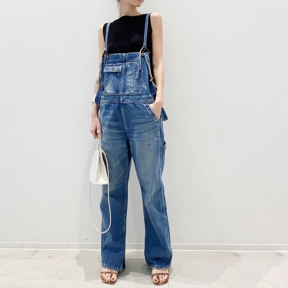 Romildi Korean Japan Style Chic Denim Jumpsuit Pockets Summer Fashion Overalls Street Wear Long Jean Women's Jumpsuit Female Romper