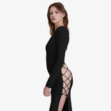 Bandage Long Sleeve Sexy Backless Maxi Dress Women Clothing Elegant Club Party Split Dresses