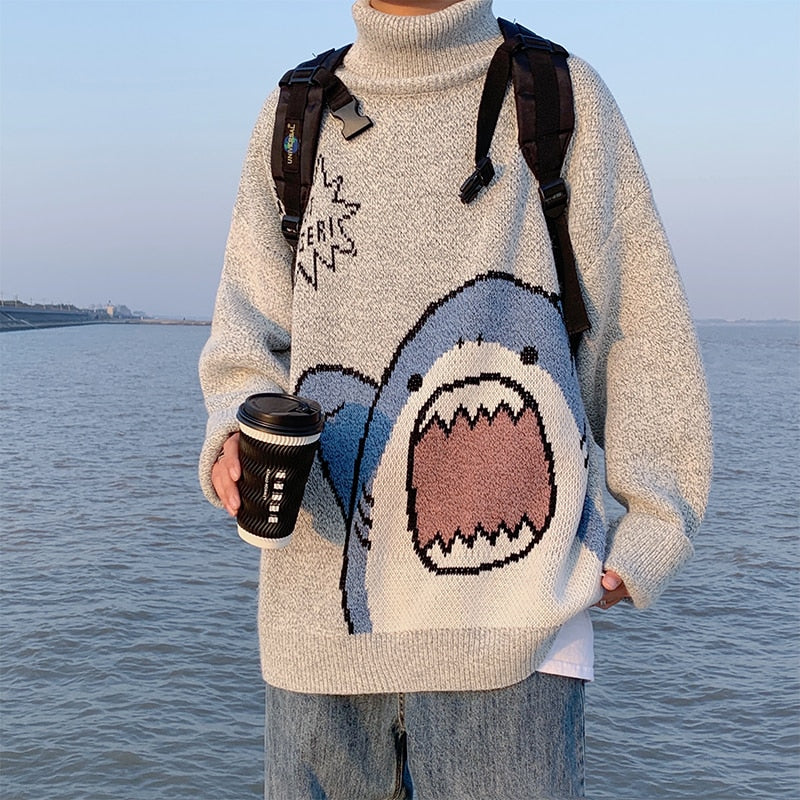 Romildi Men Turtlenecks Shark Sweater Men Winter Patchwor Harajuku Korean Style High Neck Oversized Grey Turtleneck For Men