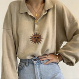 Apricot Vintage Sun Embroidered POLO Collar Oversized Sweatshirt Women Girls New Preppy Style Casual Streetwear Brand Fashion