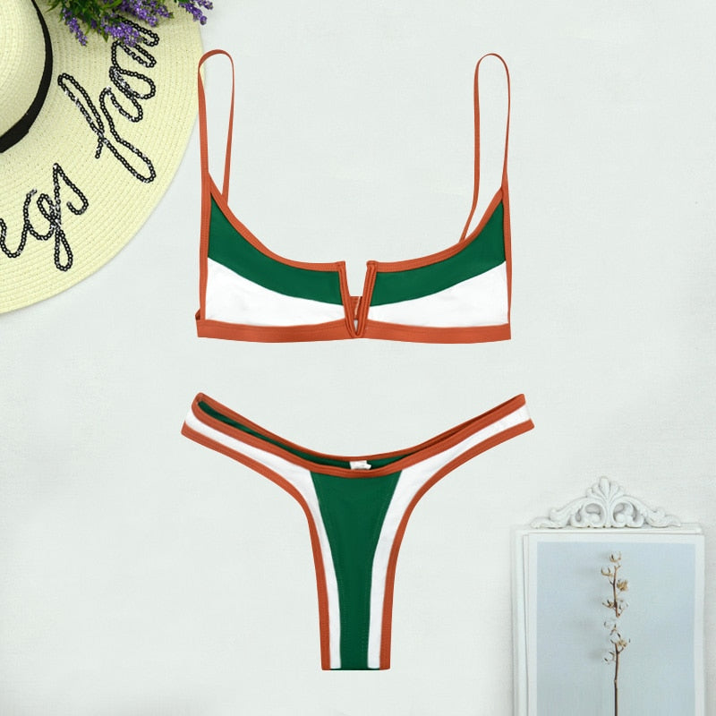 Romildi Vintage Retro Bikini Patchwork Swimsuit Thong Brazilian Sexy Swimwear Female New Summer Micro V-bar Green Bathing Suits