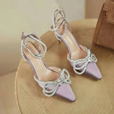 Designer Wedding Shoes Woman Pointed toe Crystal Hih Heel Shoes Ankle Buckle Strap Rhinestone Bowtie Sandal Sexy Party Pump