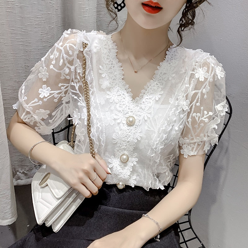 Romildi Lace Tops Women Pearls V-neck Chiffon Short Sleeve Shirt flower Blouse Printed Floral Transparent Women Sexy Crop Top Blouses