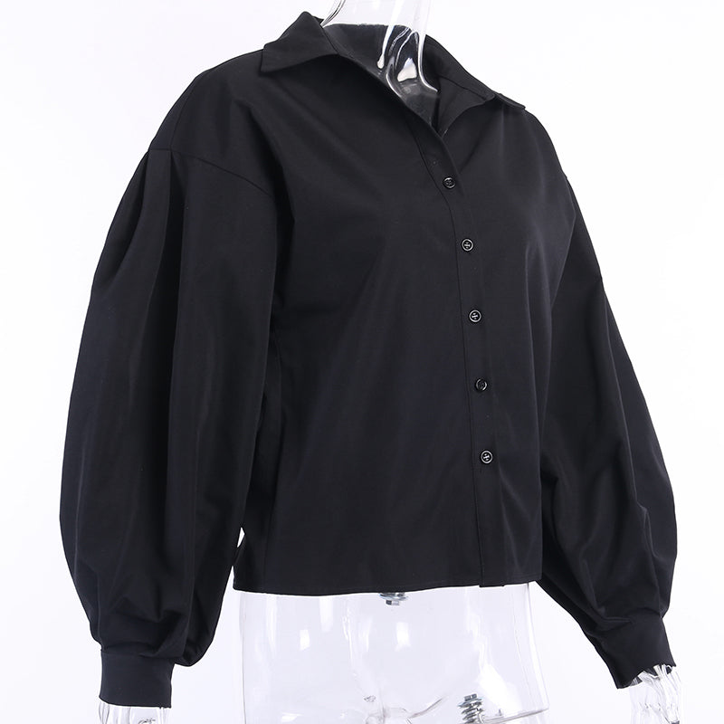 Romildi New Lantern Sleeve Elegant Shirt Blouse White Black Sexy Button Vintage Turn Down Collar Office Ladies Shirt Female Casual
