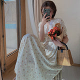 Romildi Vintage Floral Dress Women Elegant Lace Chiffon Korean Party Dress Puff Sleeve V Neck Midi Dress Fall Dresses for Women