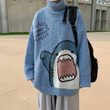 Romildi Men Turtlenecks Shark Sweater Men Winter Patchwor Harajuku Korean Style High Neck Oversized Grey Turtleneck For Men