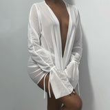 Fashion Club Streetwear 2 Piece Set Deep V-neck Long Sleeve Backless Tops + Drawstring Mini Skirt Mesh Lace Up Beach Suits