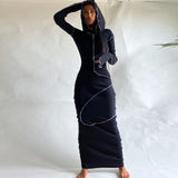 Romildi Hugcitar Long Sleeve Hooded Patchwork Skinny Maxi Dress Autumn Winter Women Fashion Streetwear Casual Outfits