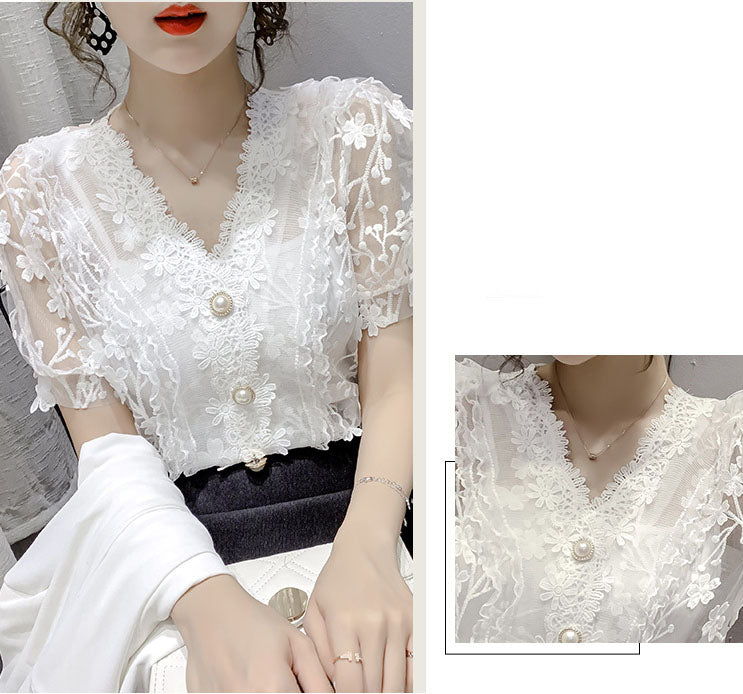 Romildi Lace Tops Women Pearls V-neck Chiffon Short Sleeve Shirt flower Blouse Printed Floral Transparent Women Sexy Crop Top Blouses