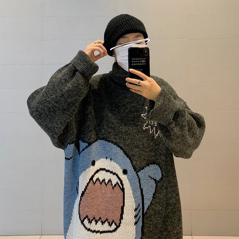 Romildi Men Turtlenecks Shark Sweater Men Winter Patchwor Harajuku Korean Style High Neck Oversized Grey Turtleneck For Men