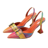 Big Size 35-42 Rainbow Colorful Patent Leather Women Sandals Elegant Pointed Toe Buckle High Heels Wedding Shoes Slingback Pumps