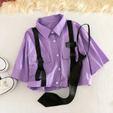 Autumn Streetwear Pants High-Waist Straight Ribbon Cargo Pants Student Loose Short-Sleeved Shirt with Tie two-piece Set