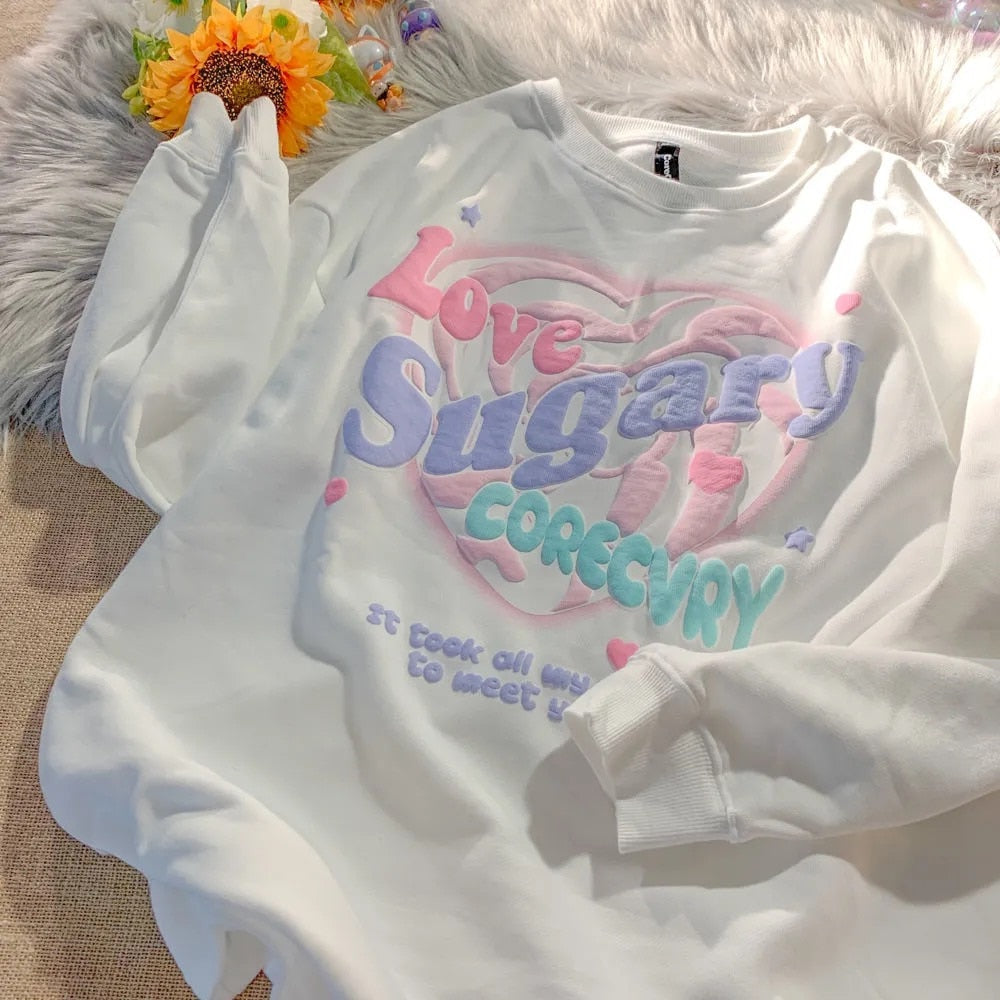 Romildi Oversized Hoodies Harajuku Lovely Crewneck Sweatshirt Women Letter Printing Pullover Cute Loose Long Sleeve Tops For Girls Teens